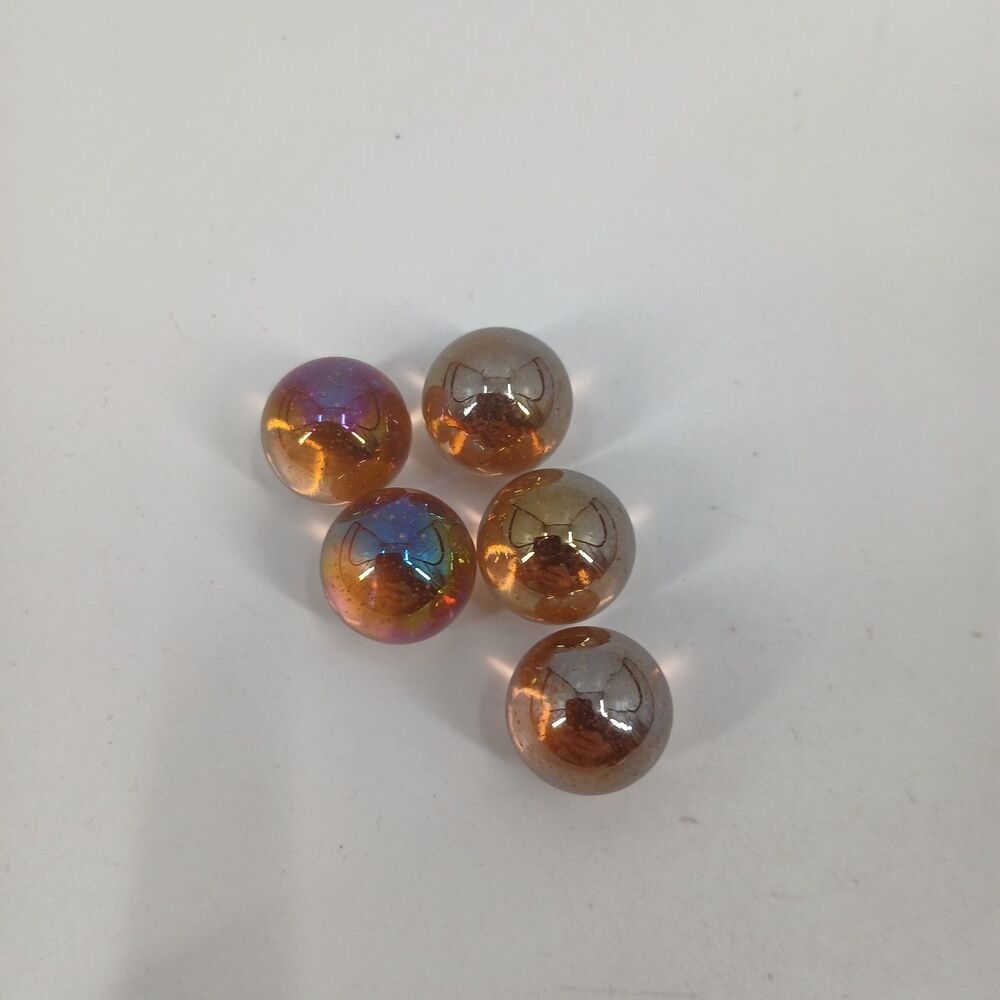 vintage Iridescent Amber Glass marbles Round Aurora Borealis Finish lot of 5